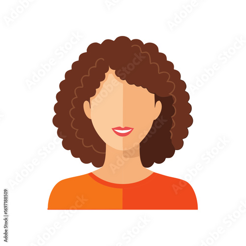 Illustration of a woman with curly hair, orange shirt and smiling face