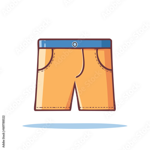 Bright orange casual shorts with blue elastic waistband and pockets minimalist flat illustration
