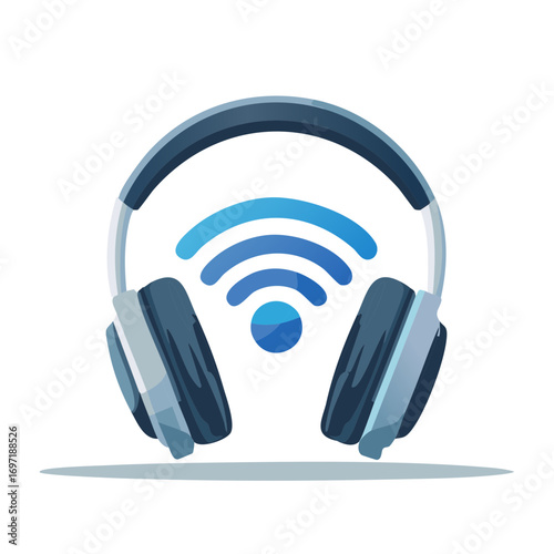 Headphones with wireless signal logo. Audio access symbol, illustration.