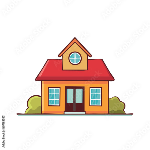 Cartoon house illustration with red roof, door, windows, and simple shrubbery