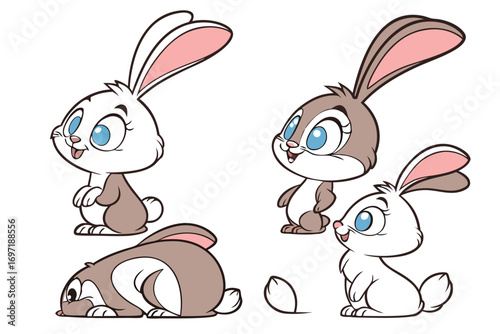 Four cartoonish rabbits in various poses with blue eyes and pink ears bunny cute