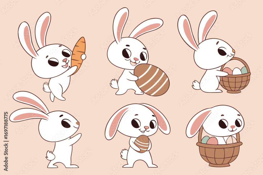Obraz premium Six cute cartoon white bunnies with pink ears holding Easter eggs and a carrot bunny rabbit