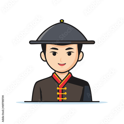 Cartoon man in traditional East Asian conical hat and clothing smiling
