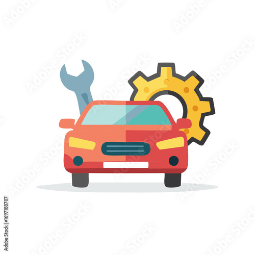 Automotive service illustration featuring car, wrench, and gear symbol.