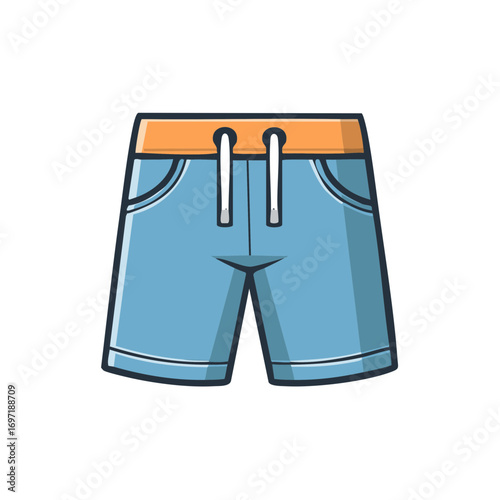 Cartoon illustration of blue shorts with orange waistband and white drawstrings