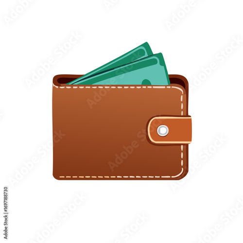 Vector illustration of a brown leather wallet filled with green cash banknotes