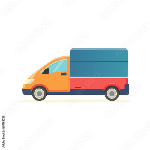 Illustration of a delivery van with an orange cab and a blue and red cargo box