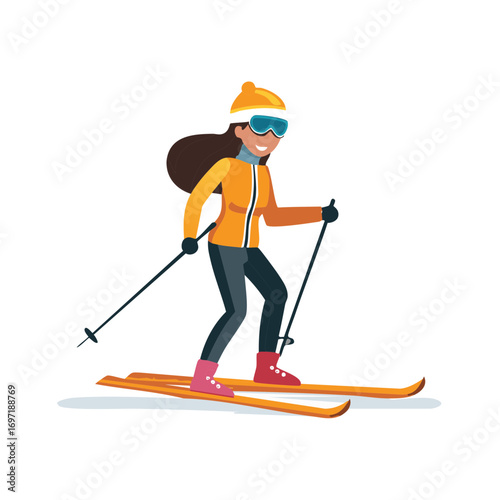 Cheerful young woman skiing in winter sports gear with skis and poles. Active outdoor activity illustration.