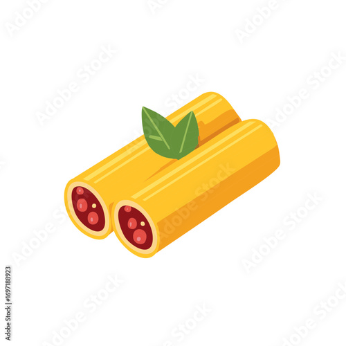 Isometric illustration of stuffed cannelloni pasta with tomato sauce and fresh basil leaves