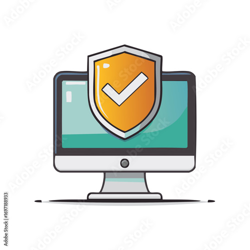 Computer Monitor with Security Shield Check Mark Protection Symbol