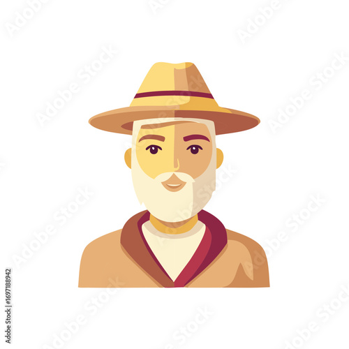 Stylized flat illustration of a smiling senior man wearing a hat and coat