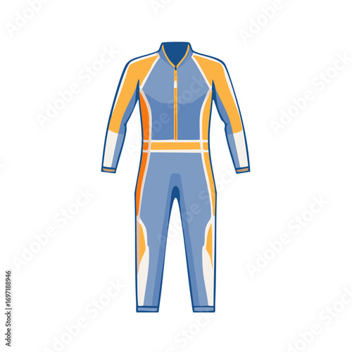 Illustrated blue and orange jumpsuit design, front view with zipper, sportswear concept.