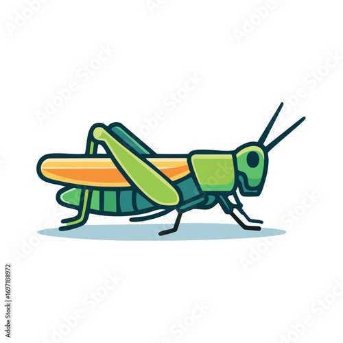 Cartoon illustration of a grasshopper, insect with stylized design and bright color scheme