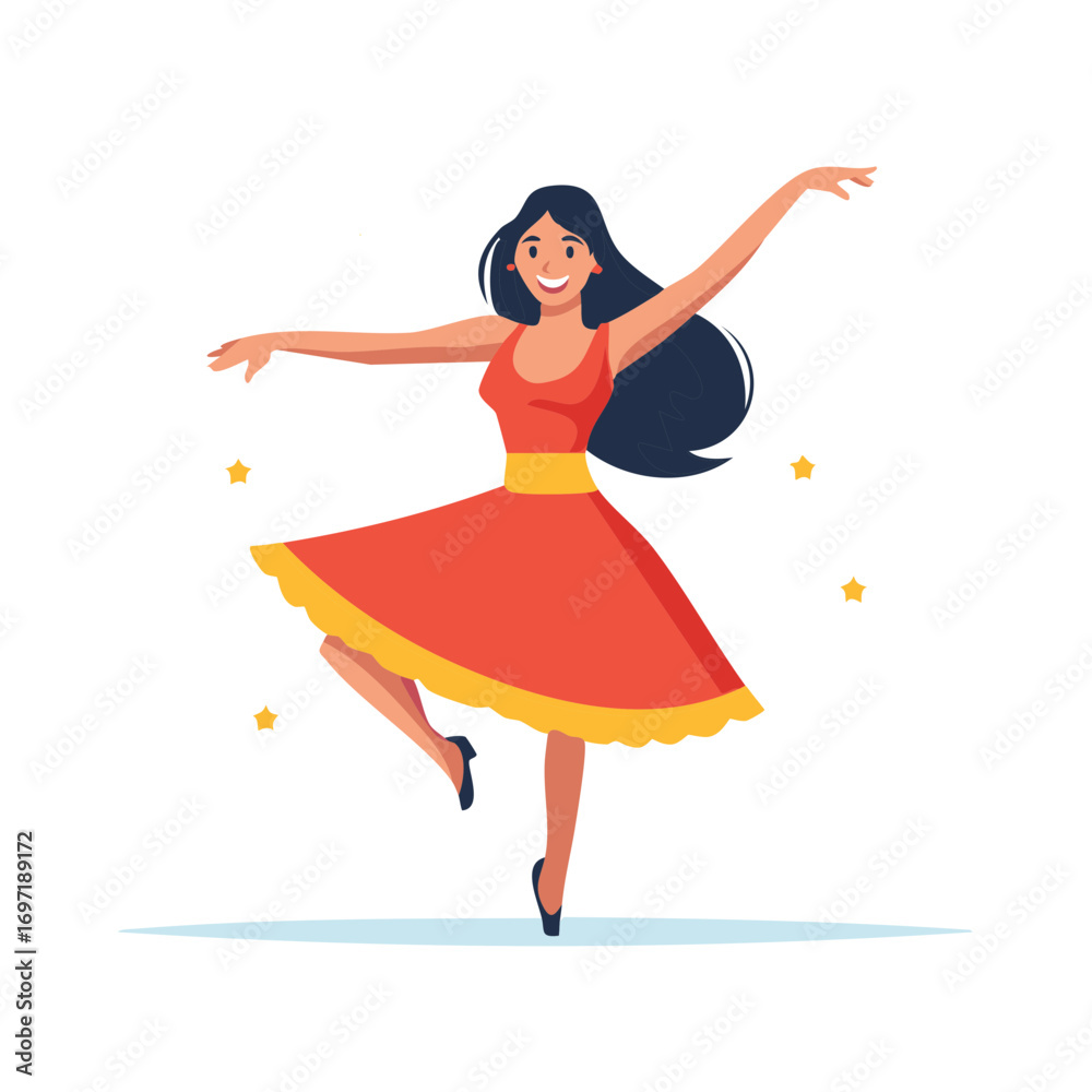 Fototapeta premium Cartoon dancer in red dress, arms extended and a smiling face, isolated.