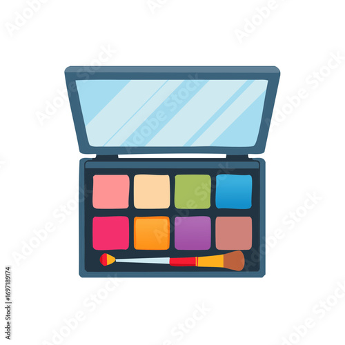 Colorful eyeshadow makeup palette with mirror and applicator brush vector illustration