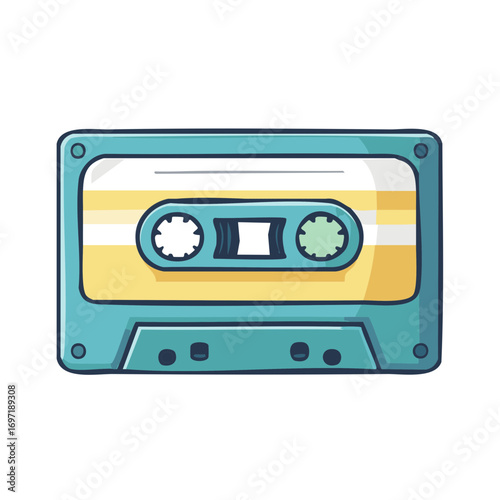 Vibrant teal and yellow audio cassette illustration featuring striped tape design and retro style for music listening