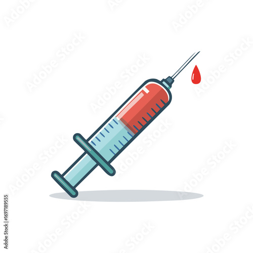 Medical illustration of a syringe with red liquid and drop of blood