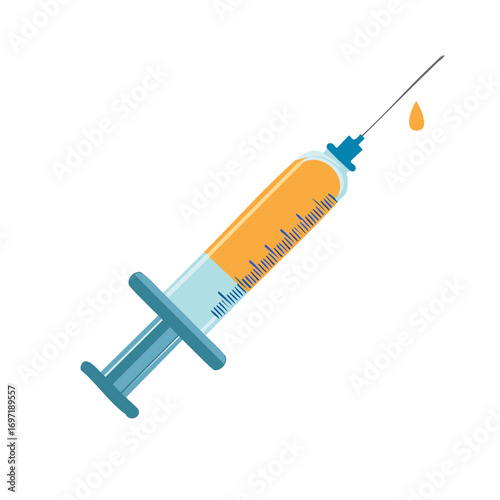 Medical syringe filled with an orange vaccine liquid and a drop on the needle tip, a vector illustration for healthcare.