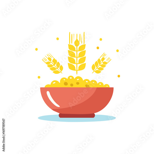 Healthy breakfast bowl of cereal with floating wheat stalks flat vector icon