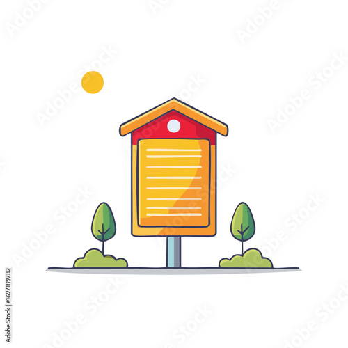 Illustrated outdoor notice board with sun and trees in a simple flat design style.