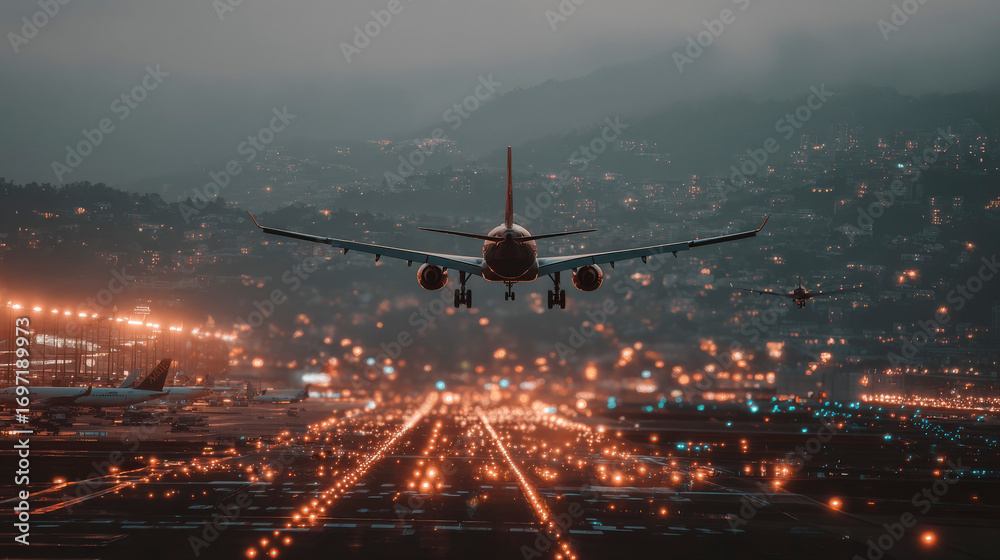Naklejka premium A red and white airplane is flying over a city with many lights on the ground