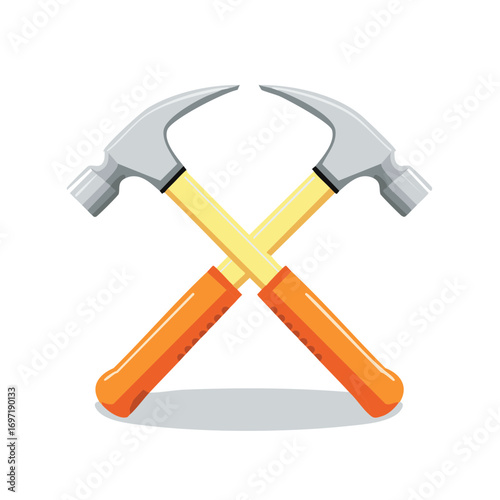 Crossed hammers cartoon illustration, vector construction tools, woodworking repair.