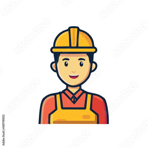 Illustration of Young Construction Worker Wearing a Hard Hat and Work Clothes Smiling Brightly
