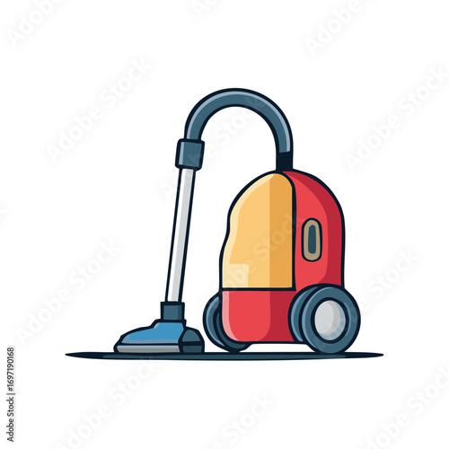 Cartoon style illustration of a red vacuum cleaner ready for cleaning.