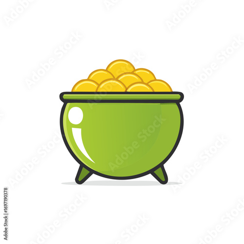 Leprechaun green pot of gold coins vector icon for Saint Patricks Day celebration