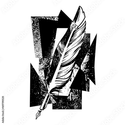 Vector Elegant quill pen with abstract geometric shapes.
