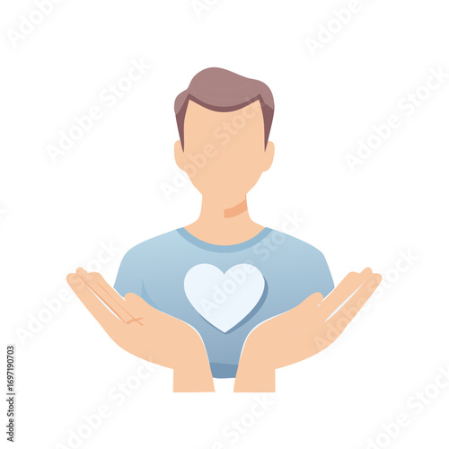 Person with heart on chest and open hands symbolizing care love and generosity