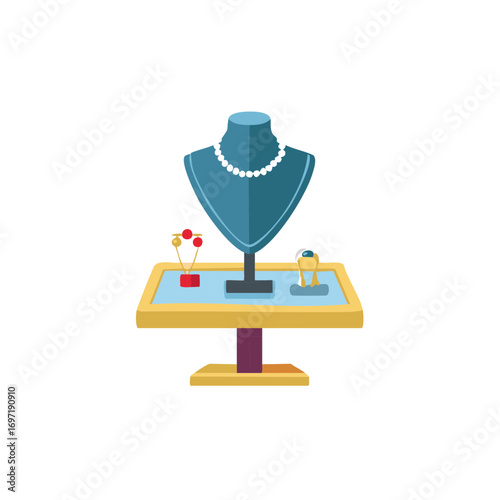 Display with Fashion Jewelry like Pearl Necklace, Earrings, and Ring on a Blue Mannequin Torso