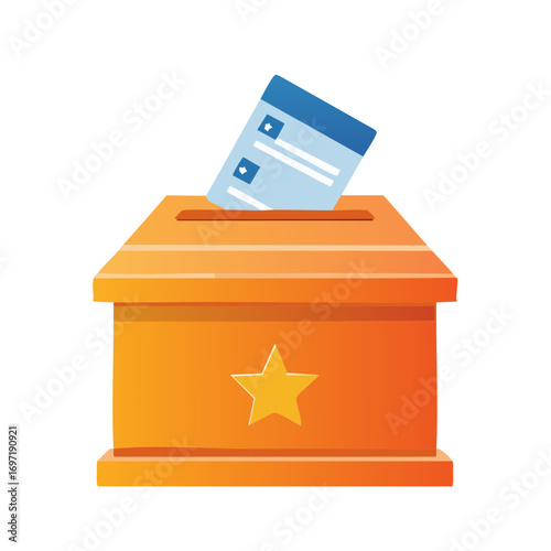 Orange ballot box with voting paper and star symbol representing election concept