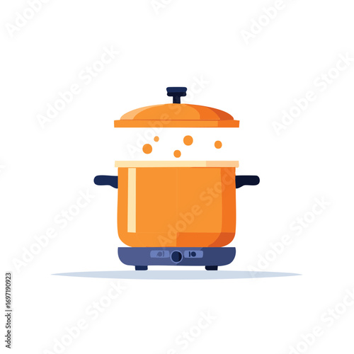 Modern induction cooker heats orange pot with rising steam, minimalist food illustration kitchen appliance cooking vegetables boiling water simmering