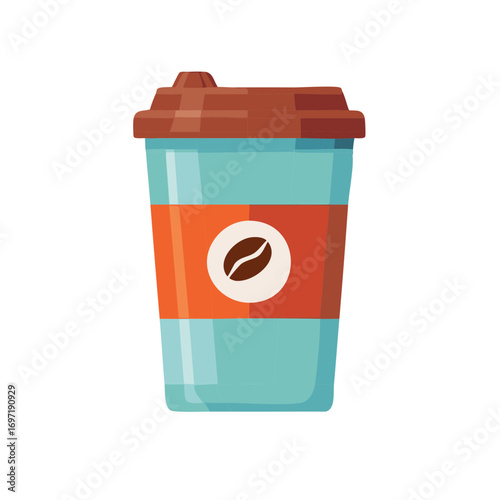 Vibrant flat design illustration of a coffee to go cup featuring a prominent coffee bean symbol
