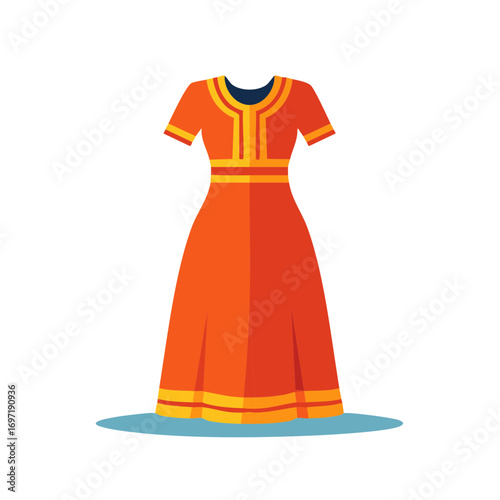 Vibrant orange ethnic dress vector illustration with traditional yellow patterns