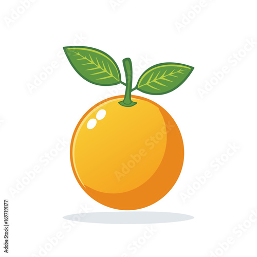 Cartoon illustration of a ripe orange fruit with green leaves