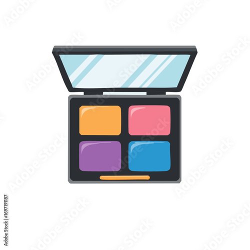 Eye shadow palette with four colorful shades and mirror, cosmetic set for professional makeup and beauty