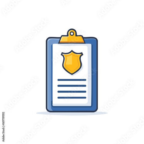 Blue clipboard with golden badge and lines, security document icon, law enforcement information and office supplies