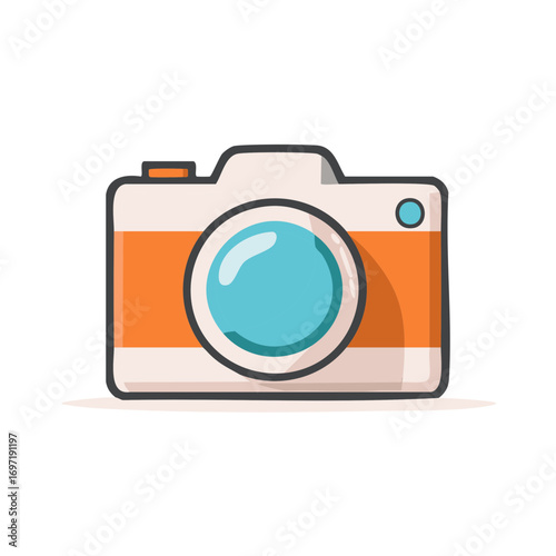 Digital Photography Illustration of an Orange and White Camera with a Blue Lens and Black Outline