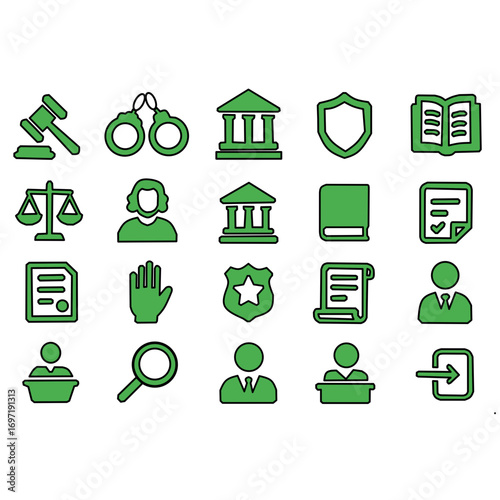 Law and Justice Icon Set – Green Legal and Court Symbols Collection