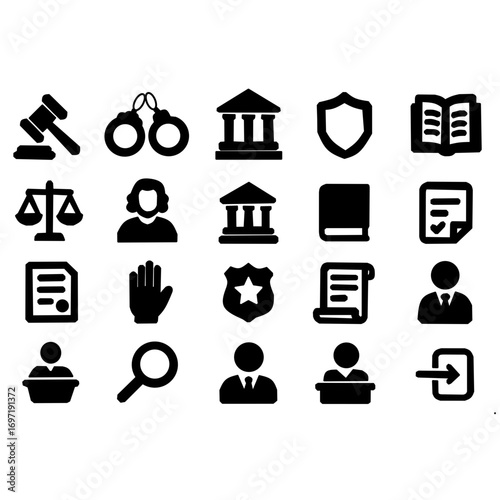 Law and Justice Icon Set – Black Legal and Court Symbols Collection