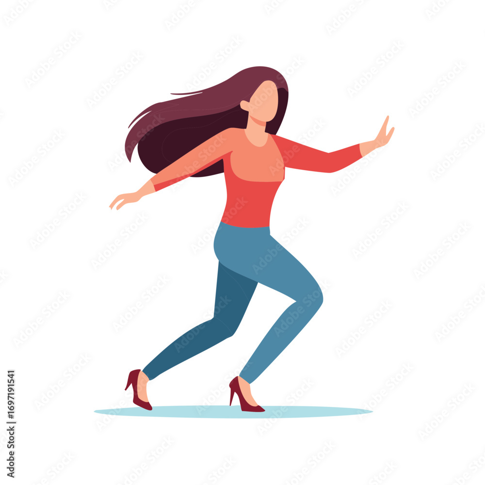 Fototapeta premium Woman in motion, running with flowing hair and outstretched arm, conceptual illustration