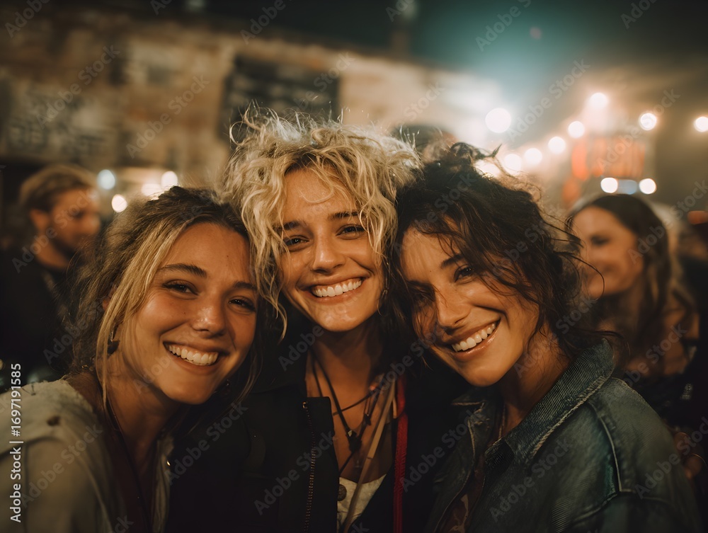 Fototapeta premium Three happy women smile and embrace at an indoor social gathe with warm lights and brick background.