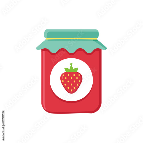 Colorful flat vector icon of a glass jar with homemade strawberry jam preserve