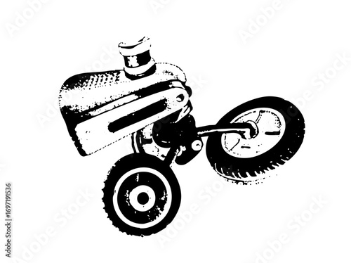 Vector Dynamic motocross rider performs a wheelie on a black and white .