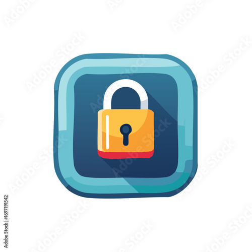 Bright Yellow Padlock Icon Secured Inside a Blue Square with Rounded Corners and Deep Shadow