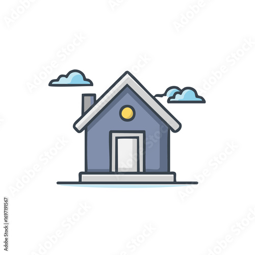 Blue house illustration with clouds and a yellow sun or moon on a bright day.