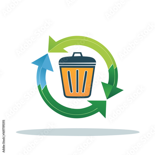 Recycling symbol with trash bin icon representing waste management and sustainability