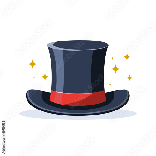 Elegant magic top hat with a red ribbon and golden sparkles illustration